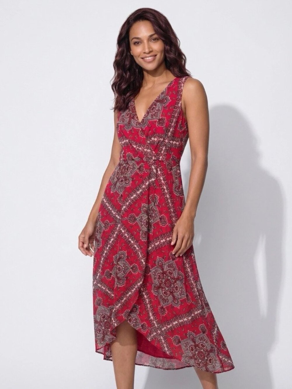TOMMY HILFIGER Red Paisley Faux Wrap Chiffon Midi/Maxi Dress Sz 16